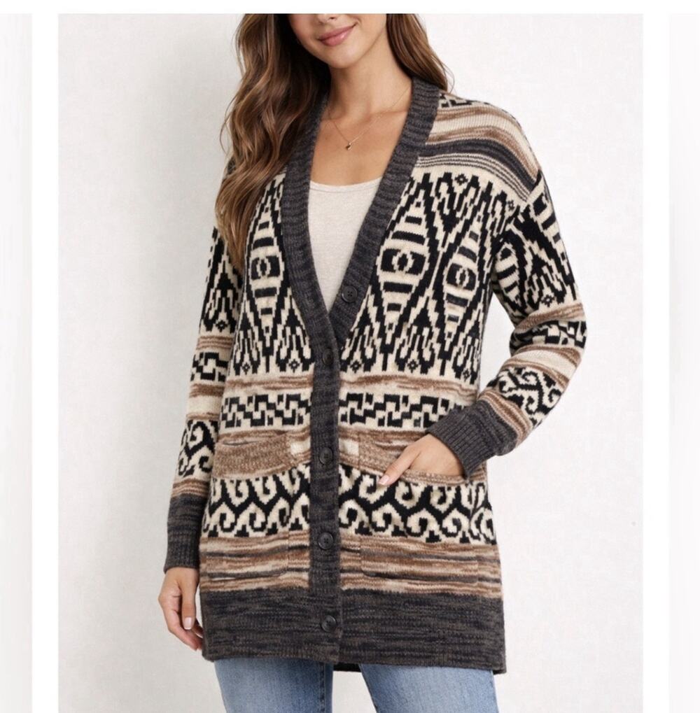Lucky Brand Women's Southwest Aztec Cardigan Sweater Size Large Oversized boho